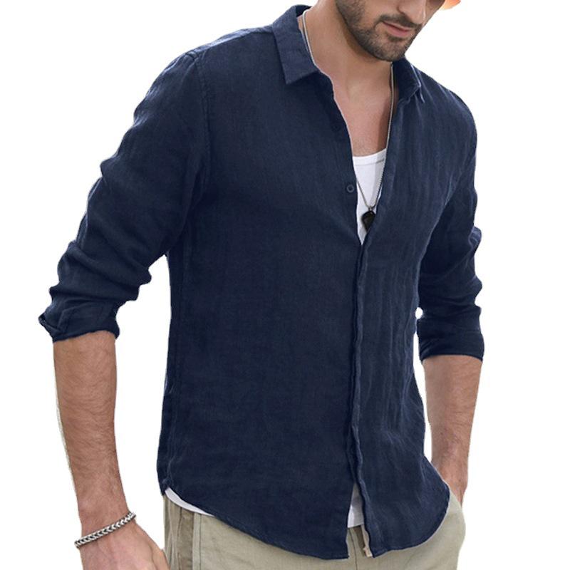 Men's Solid Color Casual Long-Sleeve Cotton-Linen Shirt