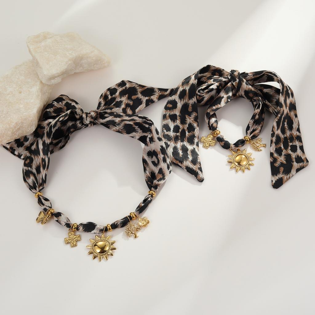 GEMCHIC Women's Leopard Print Silk Scarf Necklace with Sun Cross Tree Charms Stainless Steel Choker