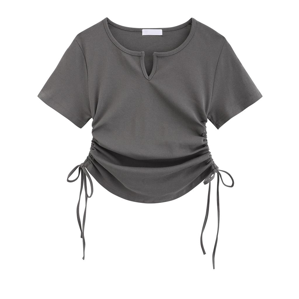 Solid Color Short Slim V-neck Short-sleeved T-shirt Women's New Korean Style Design Niche Shoulder Top