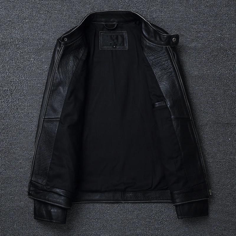 Men's Casual Slim Black Genuine Leather Jacket Fashion Real Cowhide Vintage Motorcycle Biker Coat Spring Autumn