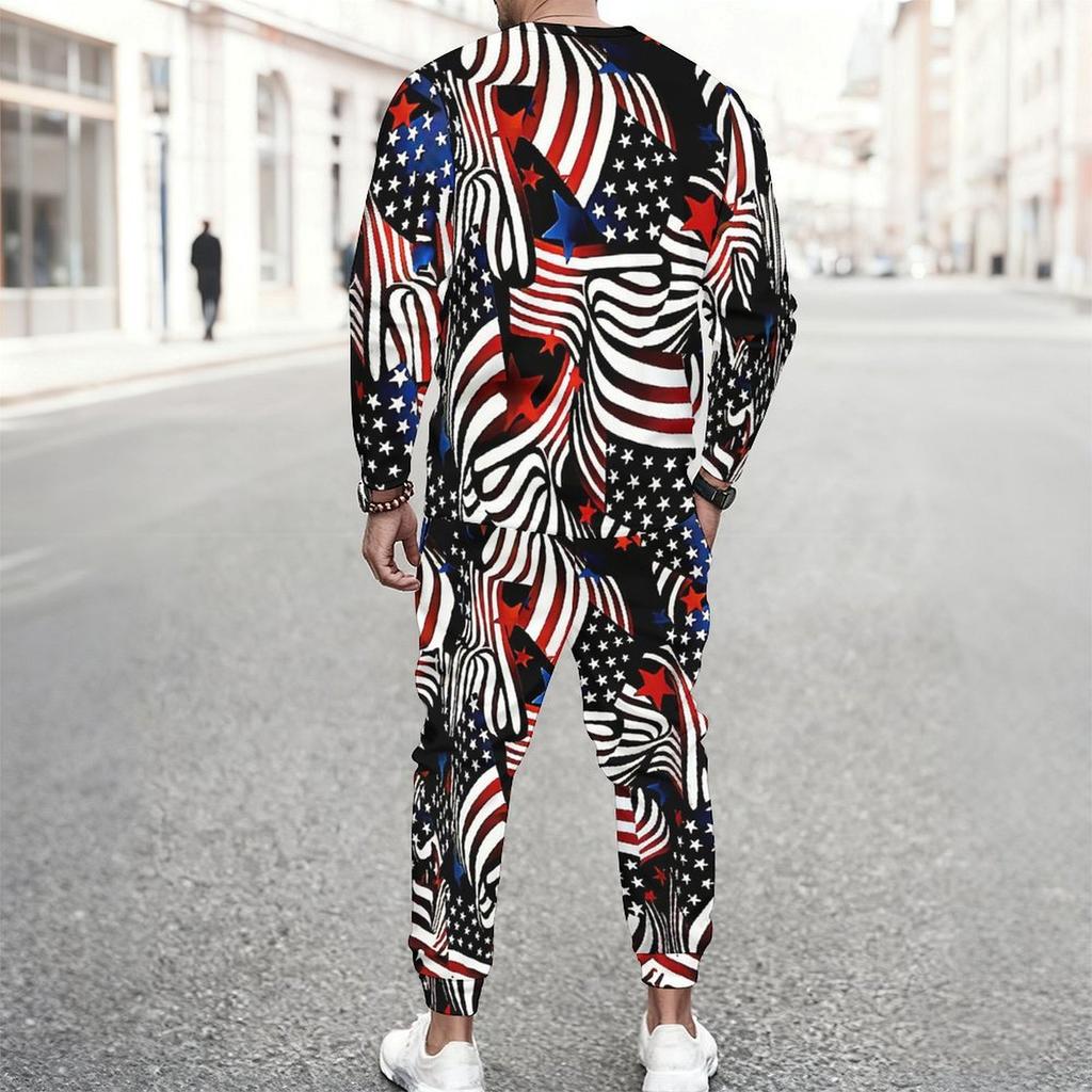 Men Distressed American Flag Star Stripe Print Long Sleeve Sweatshirt And Drawstring Jogger Pants Two Piece Outfit