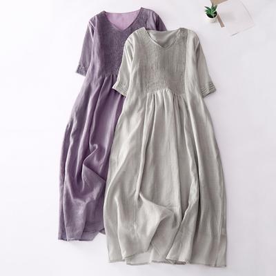 Frauen Sommerkleid Plissee Kurzen Ärmeln Einfarbig V-ausschnitt Lose A-linie Retro Doppel-schichtig Weiche Atmungsaktive Midi Kleid