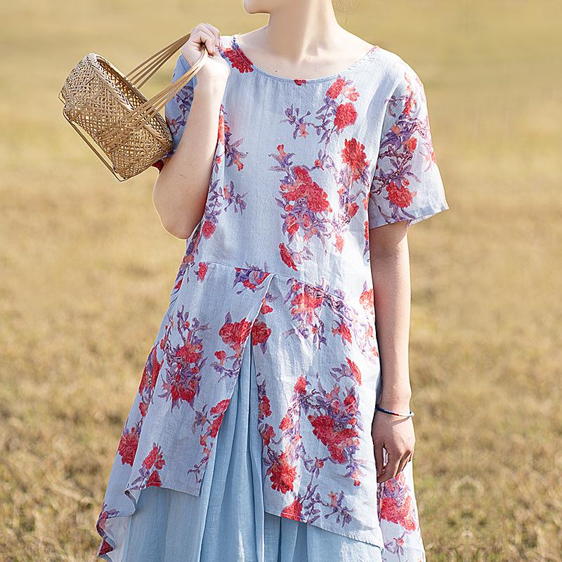 

Johnature льняная Повседневная футболка с круглым вырезом и принтом в китайском стиле, летняя женская винтажная свободная футболка с короткими рукавами One Size светло-синий