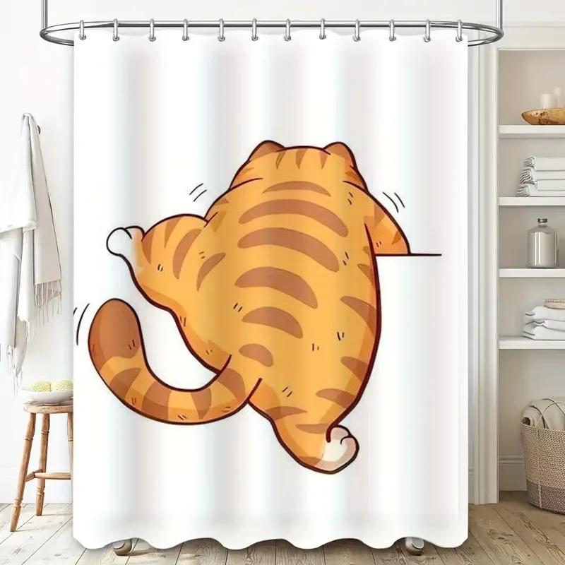 "Cute Cartoon Cat Shower Curtain, Waterproof & Mildew-Resistant Bath Curtain with Fun Design for Family Bathroom Decor"