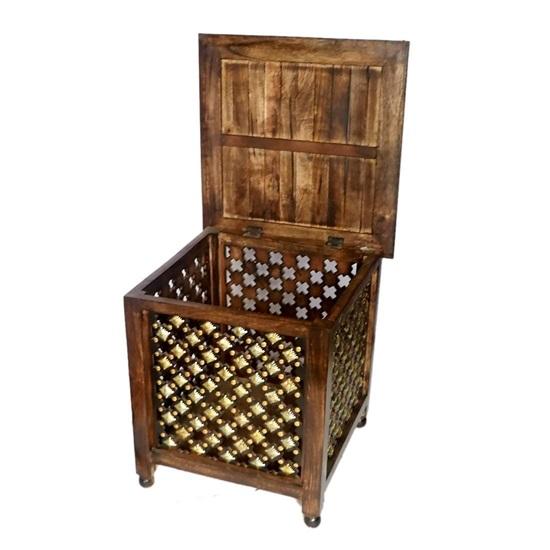 30.48 Cm Handmade Beautiful Wooden Stool with Brass Cutting Design Storage for Living Room Bedroom Furniture