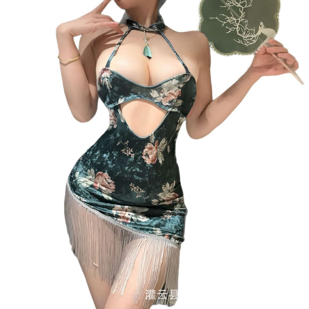 Sex Underwear World Rich Flower Velvet Printing Ancient Cheongsam Pure Desire Temptation Hip Skirt Set