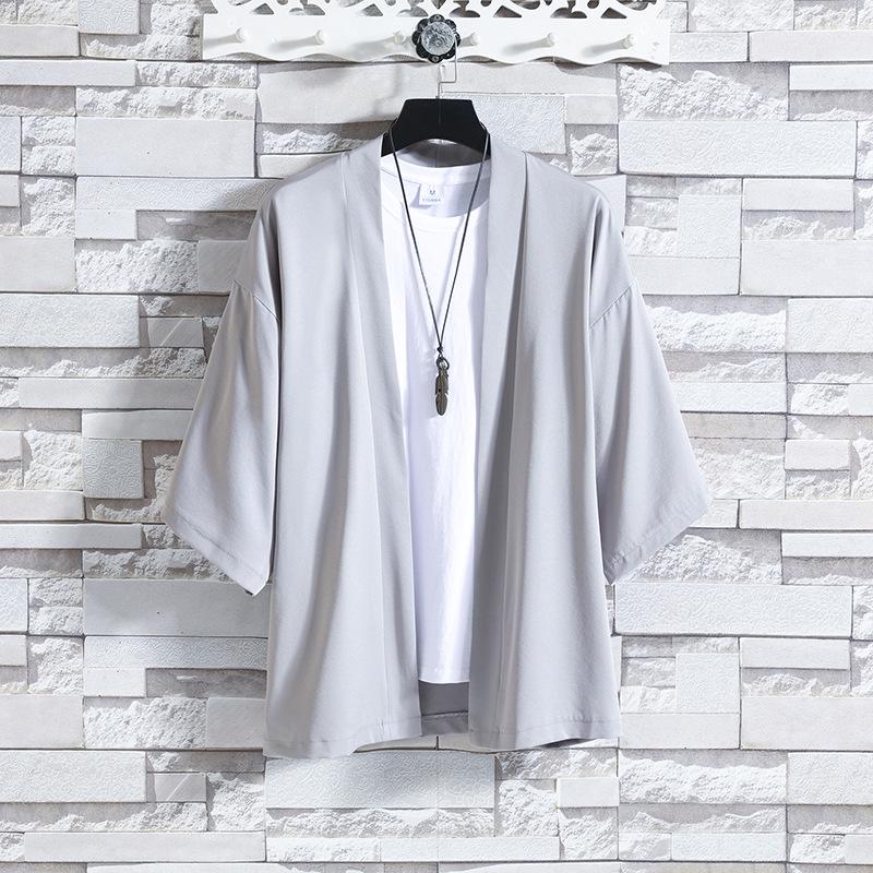 Men's Casual Seven-Sleeve Ice Silk Cardigan, Chinese Style, Solid Color, Plus Size