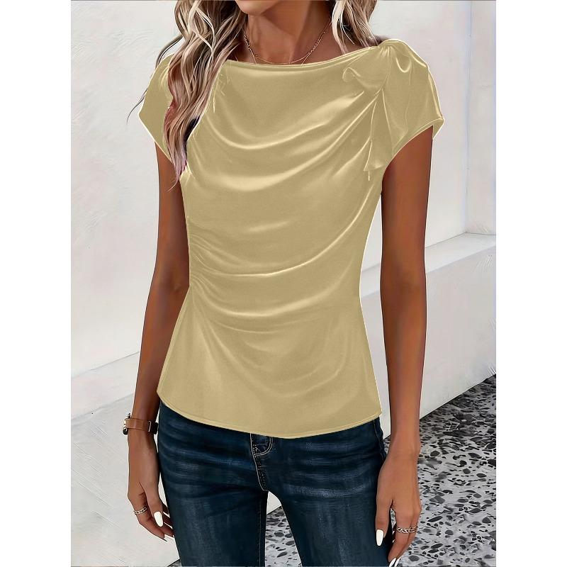 IHUASU Women's Fashion Casual Solid Color Print O-Neck Short Sleeve   Blouses & Shirts