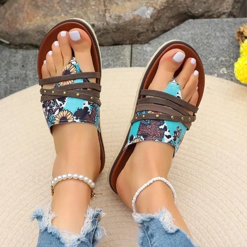 Women's Shoes New Promotion Flip-Toe Women's Slippers Summer Roman Mixed Color Outdoor Leisure Beach Flat Large Size Slippers
