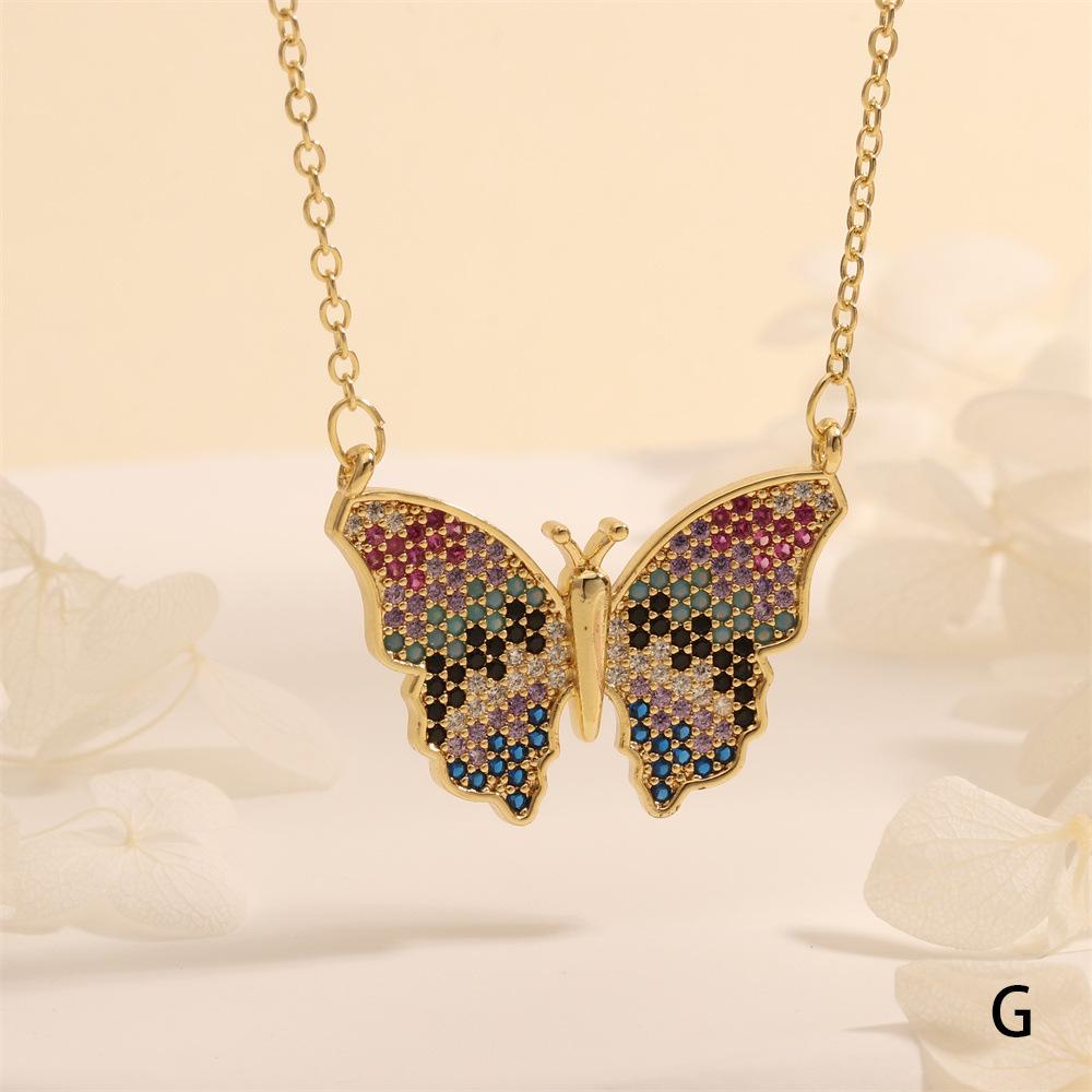 Color-Inlaid Zircon Butterfly Pendant Necklace - Fashionable Copper Insect Jewelry