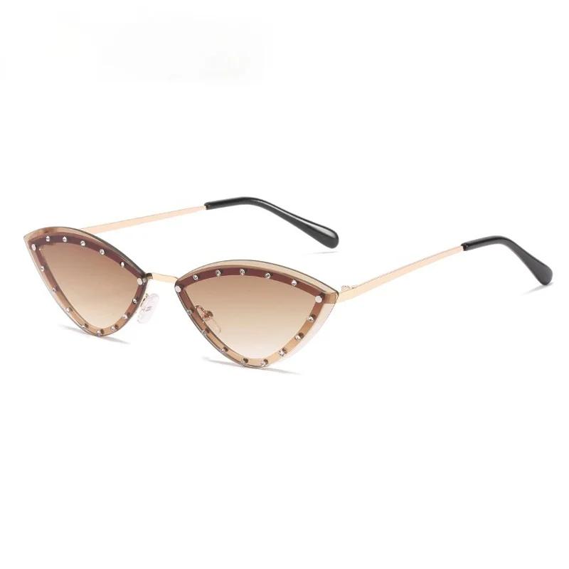  New Triangle Cat Eye Sunglasses Alloy Rimless Crystal Shiny Sun Glasses Female Unique Elegant Green Rhinestone Shades