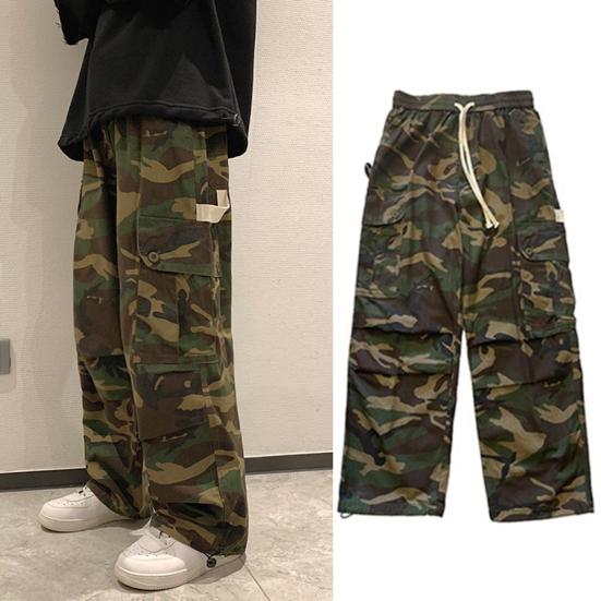 Men Cargo Pants Camouflage Drawstring Elastic Waist Wide Leg Autumn Vintage Jogging Trousers Streetwear