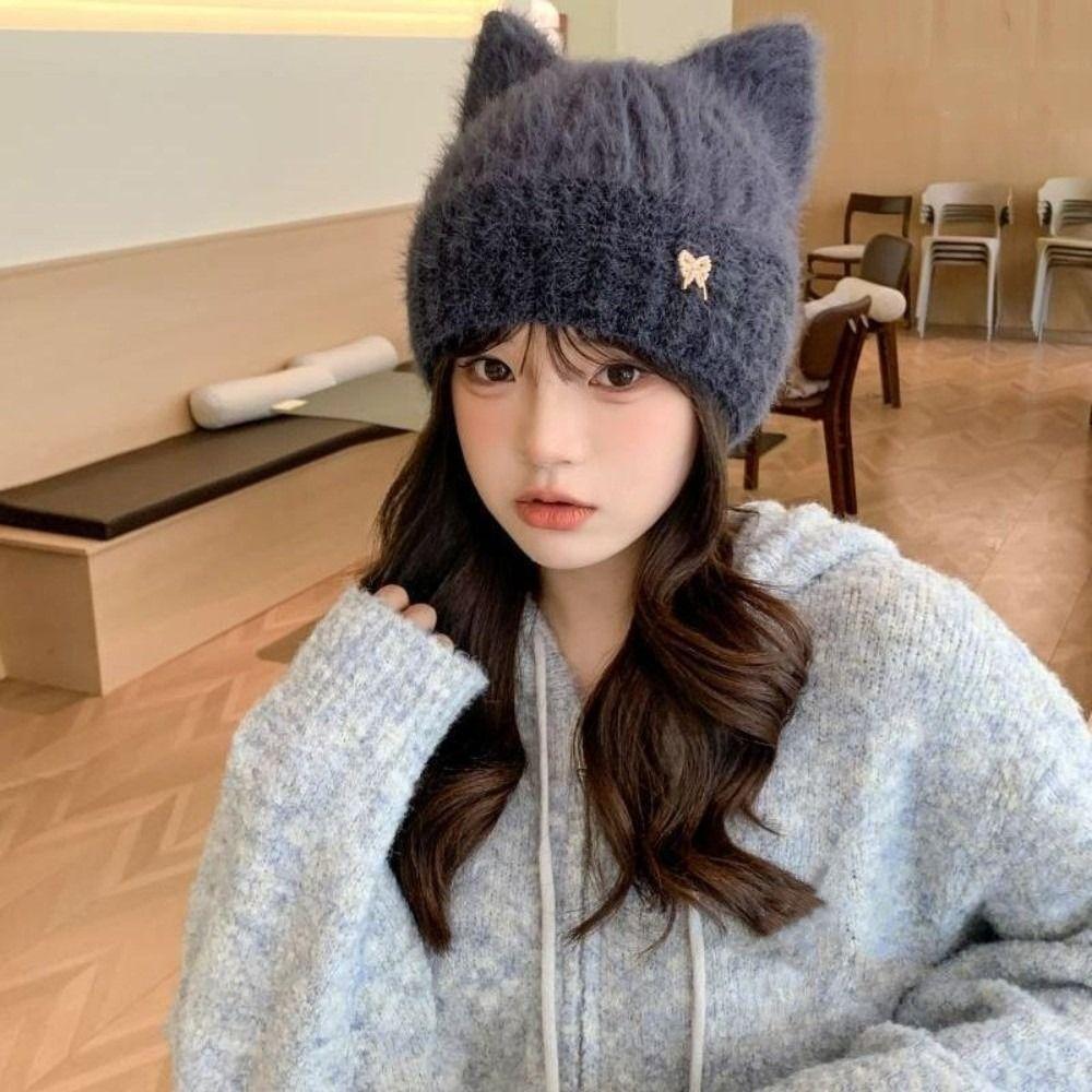 Plush Lining Knitted Hat Windproof Beanie Cap Cute Ear Protection Cap Autumn Winter