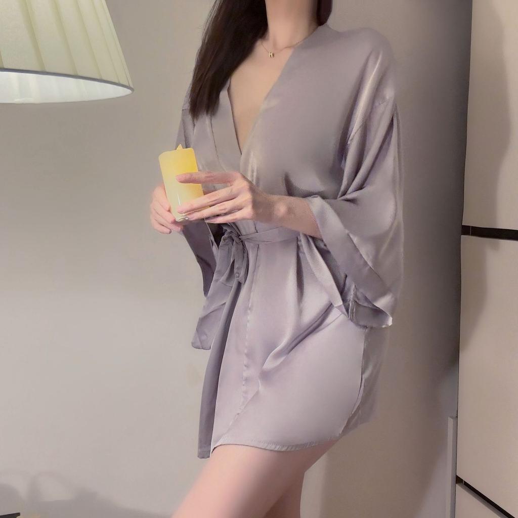 Summer Sexy Pajamas Satin Thin Cardigan Strappy Nightgown Large Size Bathrobe Loungewear Nightgown Women's Suit