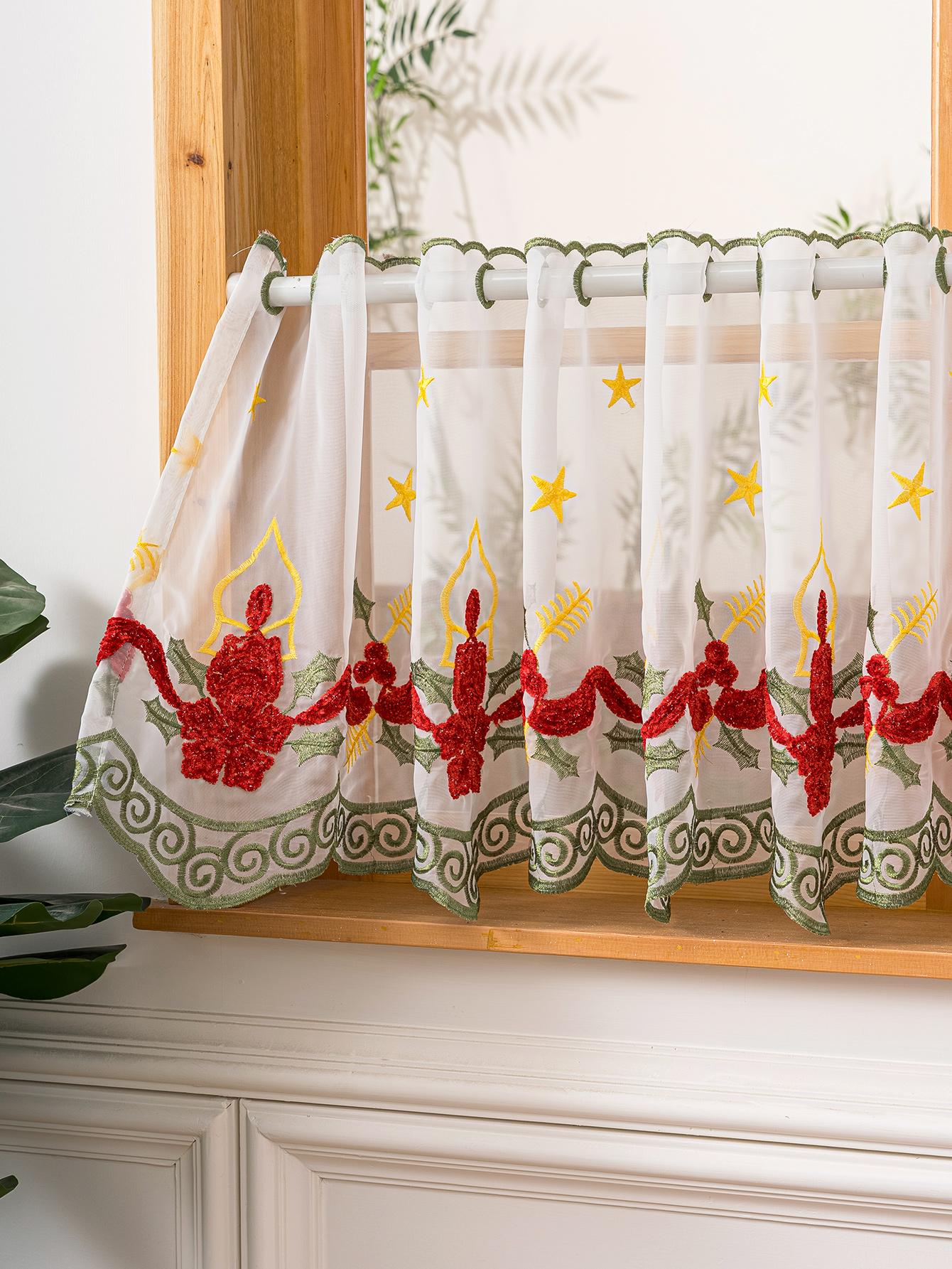 Vintage Kaars Geborduurd Doorzichtig Cafe Gordijn, Stangzak Kort Keuken Valletje, Boerderij Lichtdoorlatend Raambekleding 100x50cm
