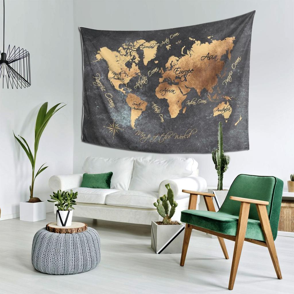 World Map 147 Gold Black Tapestry Decor Art Aesthetic Tapestries for Living Room Bedroom Home Wall Cloth Wall Hanging