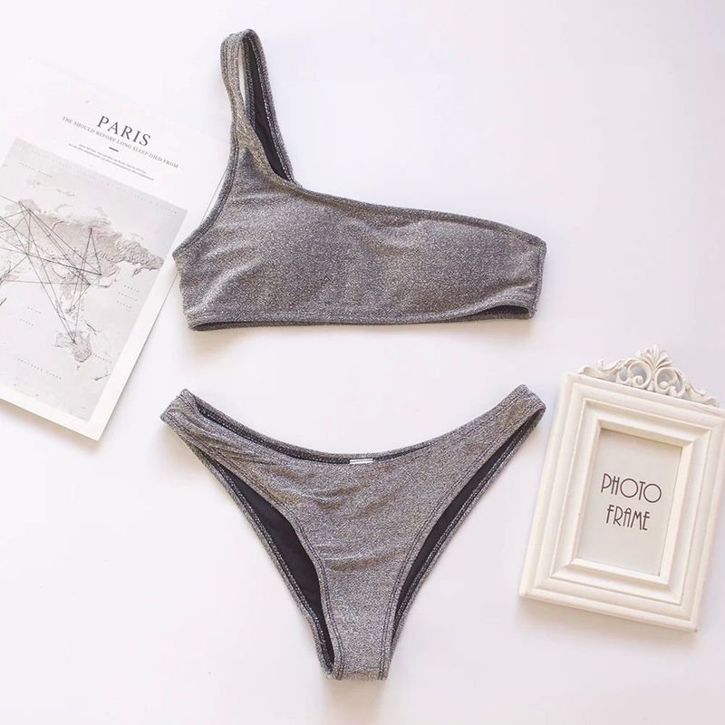 

Single Shoulder Sparkling Sleeveless Bikini Women 2023-sliver L