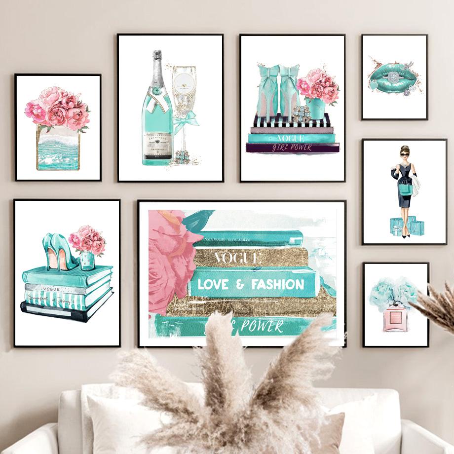 

Мода Книга Духи Шампанское Каблуки Губы Цветок Искусство Холст Картины Плакаты на скандинавскую тему и принты Настенные картины Декор в гостиную Без рамки