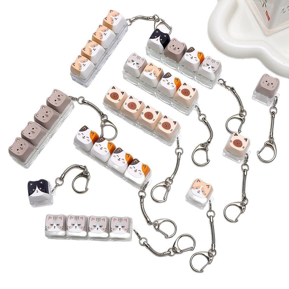 4 Keys Keycap Keyring Cute Cat Mechanical Keyboard Keychain Gifts for Kitten Fans