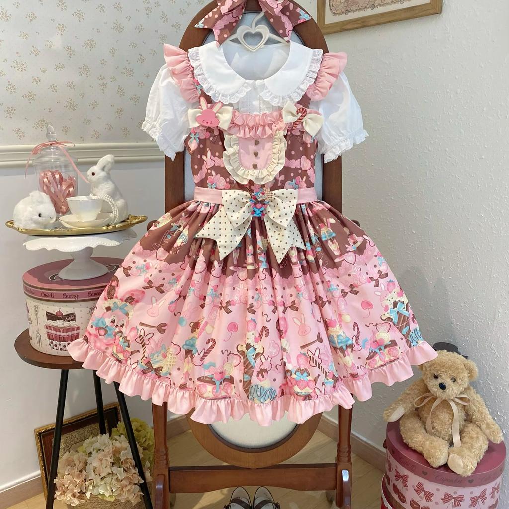 Teeparty Mädchen Lolita Kleid Jsk Täglich Süß Cartoon Druck Rüschen Hohe Taille Lolita Kleid für Damen Sommerkleid
