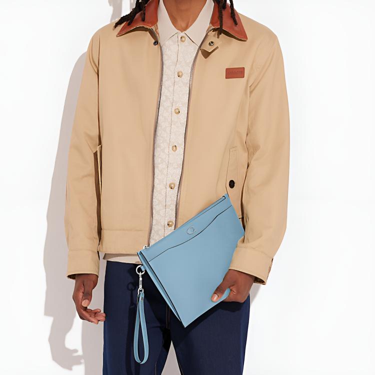 Coach Wristlet 30 Solid Logo Letter Zipper Closure Crosshatch Canvas With Leather Mahjong Clutch Bag Large Women Clutch Blue CJ798-POL