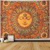 Tapeçaria Mandala Sol Boêmia Pendurada na Parede Boho Boho Chic Floral Tropical Étnico Dourado Laranja Arte para Decoração de Sala de Estar