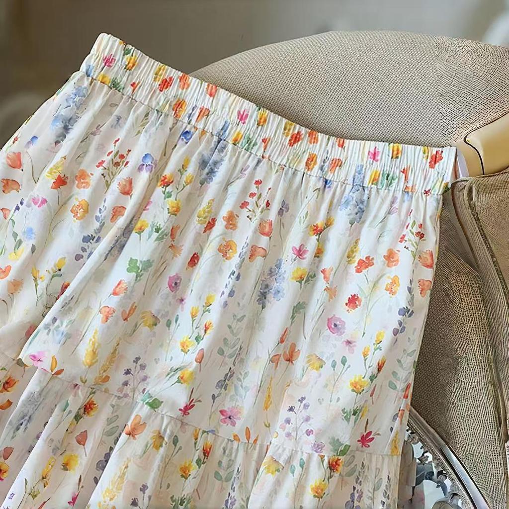 Korean Style Elegant Romantic Floral Midi Skirt for Women - Spring/Summer Versatile Loose Fit A-Line Skirt