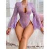 Seductive Transparent Jumpsuit With Flare Sleeves And Lace Pajamas Deep V Hollow Out Erotic Underwear