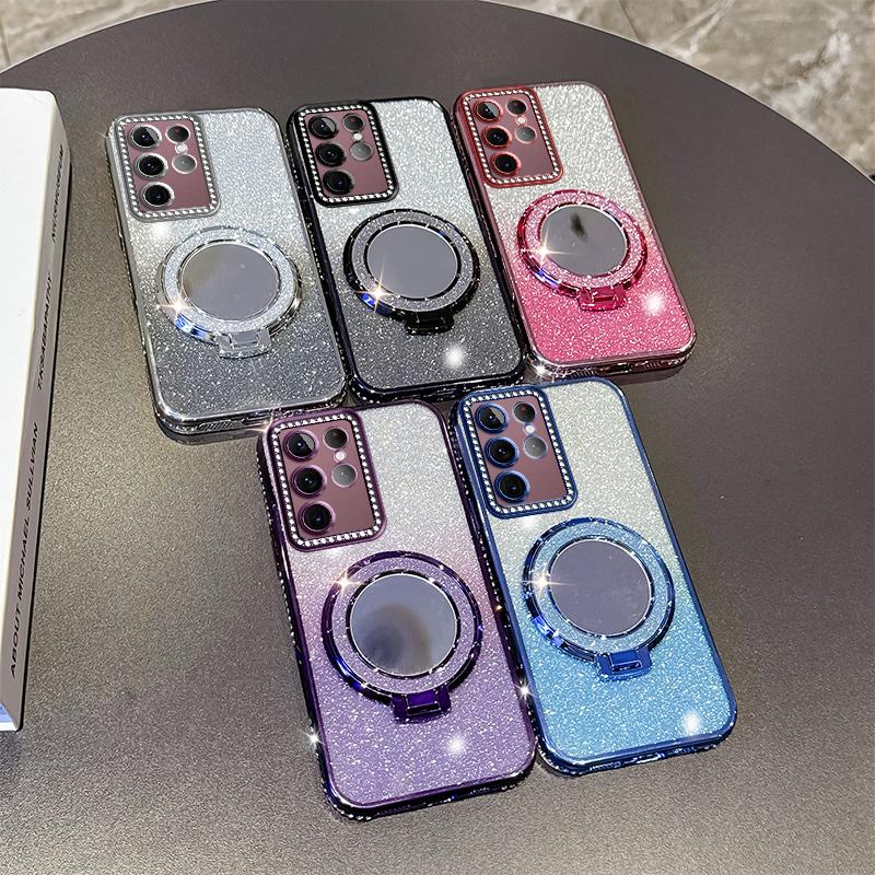 KEYSION Glitter Jewelled Magnetic Phone Case for Samsung Galaxy S22 Ultra S21+ Plus S20 FE Makeup Mirror Stand Shockproof Cover