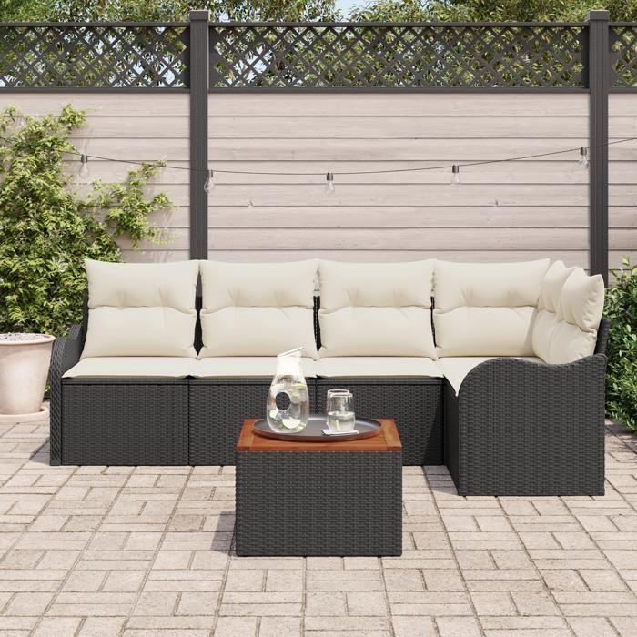 Ensemble de canapé de jardin de 6 pièces avec coussins noir poly rotin acacia, Canapé de jardin 2 places avec coussins noir 3347453
