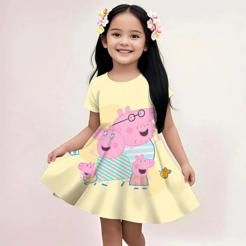 Summer Cute Peppa Pig Dress Girls Casual Fashion Beach Sundress Soft Lightweight Breathable Cartoon Print Dress 110