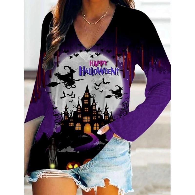 Spring and Autumn V-neck 3D Halloween Printed Top Fashionable Casual Long Sleeved Women's T-shirts