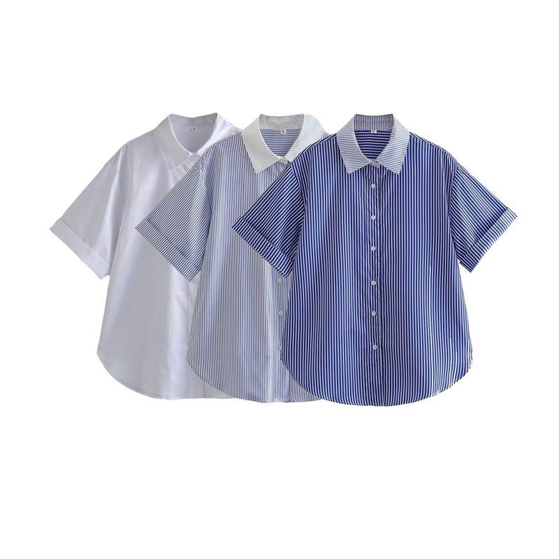 Kaslead New Arrival Women's Fashion Style Stylish Simple and Versatile Stripes Contrast Color Short Sleeve Lapel Pocket Shirt