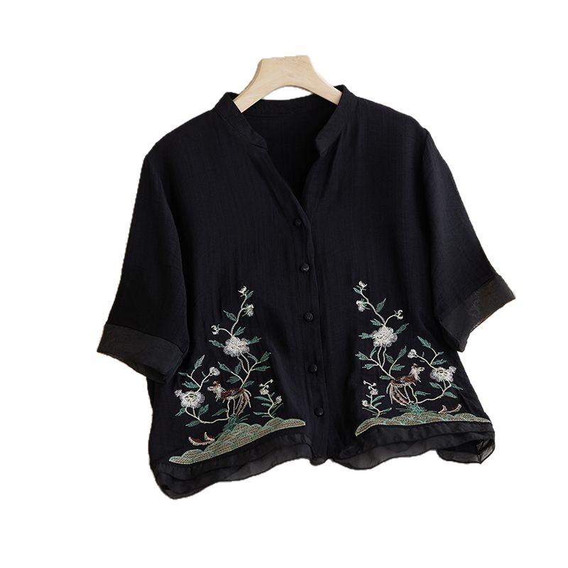 Summer New Cotton and Linen Shirt Short-sleeved Retro Embroidered V-neck Loose and Thin Top Women's Clothing