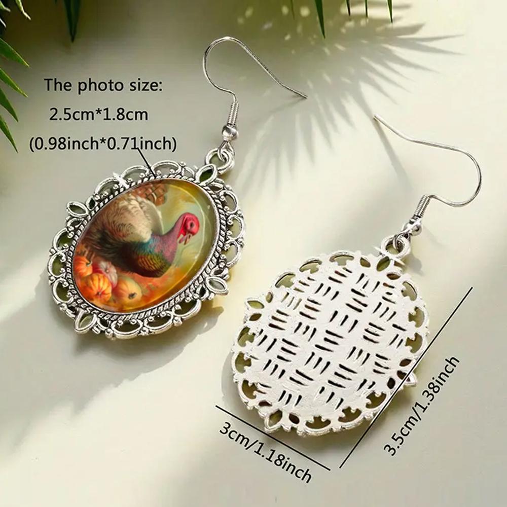 Thanksgiving Turkey Dangle Earrings For Women Cartoon Fox Oval Glass Dome Earrings Animal Jewelry Gifts
