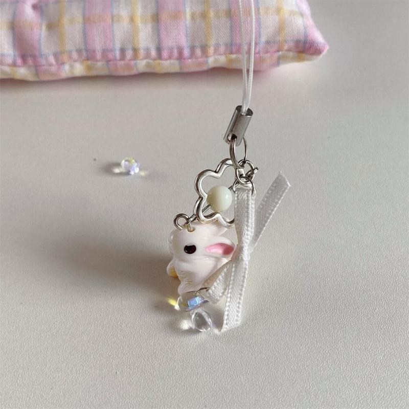 Korean 3D Rabbit Flower Phone Chain Lanyard Y2k Girl Bowknot Keychain Sweet Bag Pendant Decoration Backpack Ornament