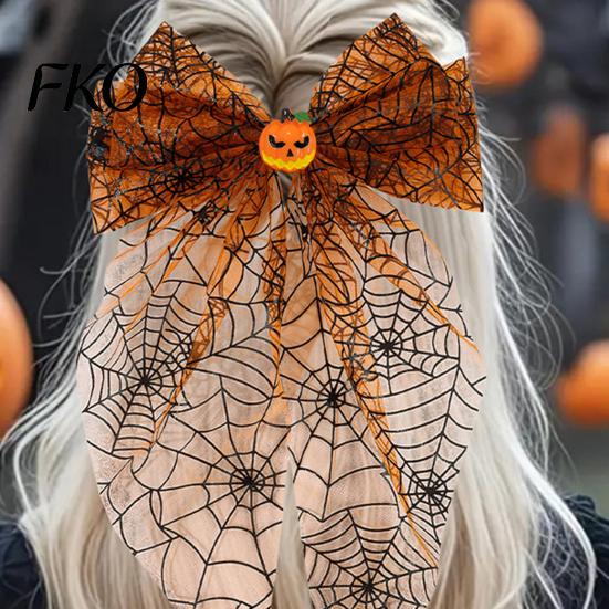 Lightweight Hair Clip Halloween Spider Web Bow Clip, Pumpkin Eyeball Tulle with Long Tails, Women Accessories for Holiday Party Accessory
