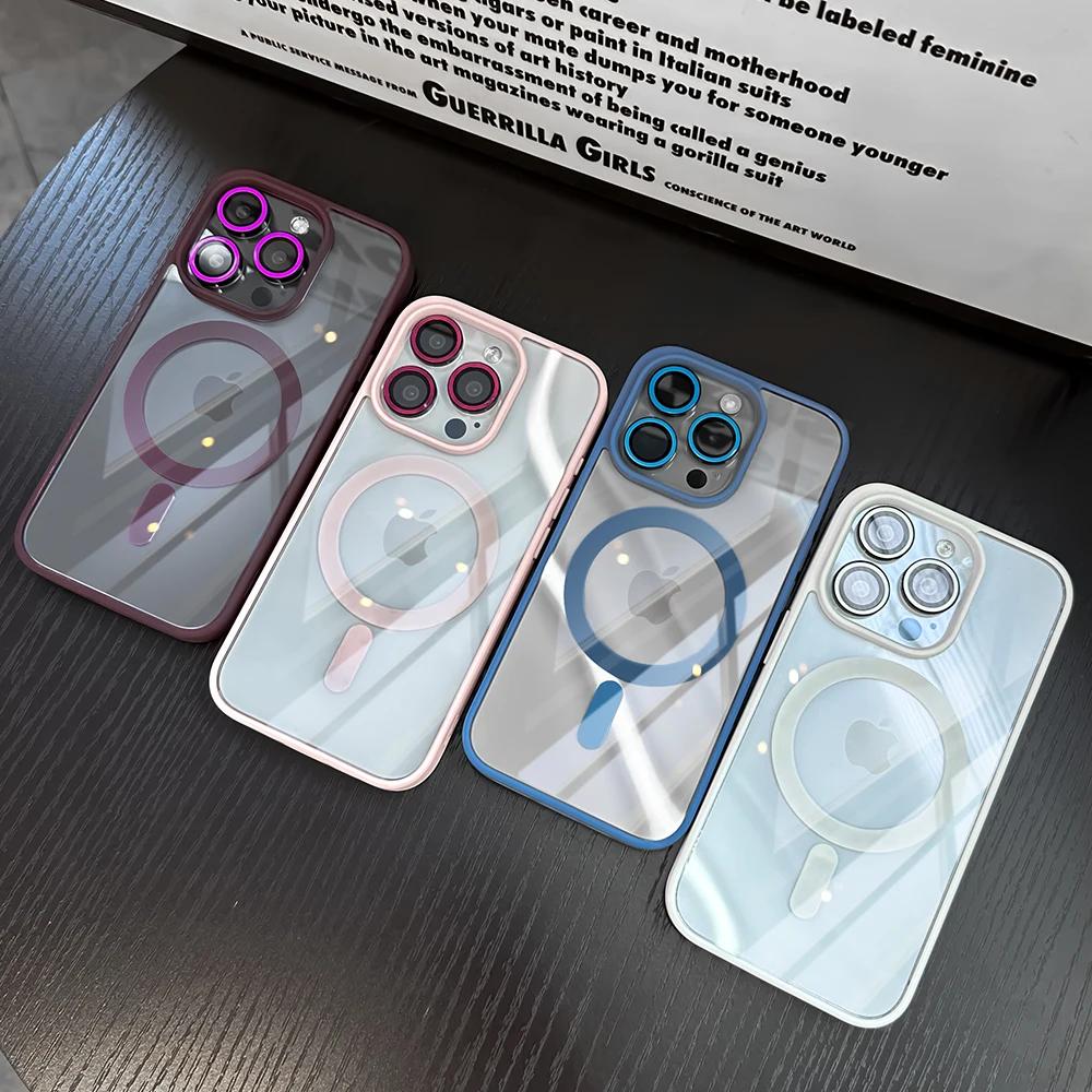 Luxury Magnetic Shockproof Clear Phone Case For iPhone 15 14 13 12 11 Pro Max Plus Mbile Cover Glass Lens Protection Magsafe