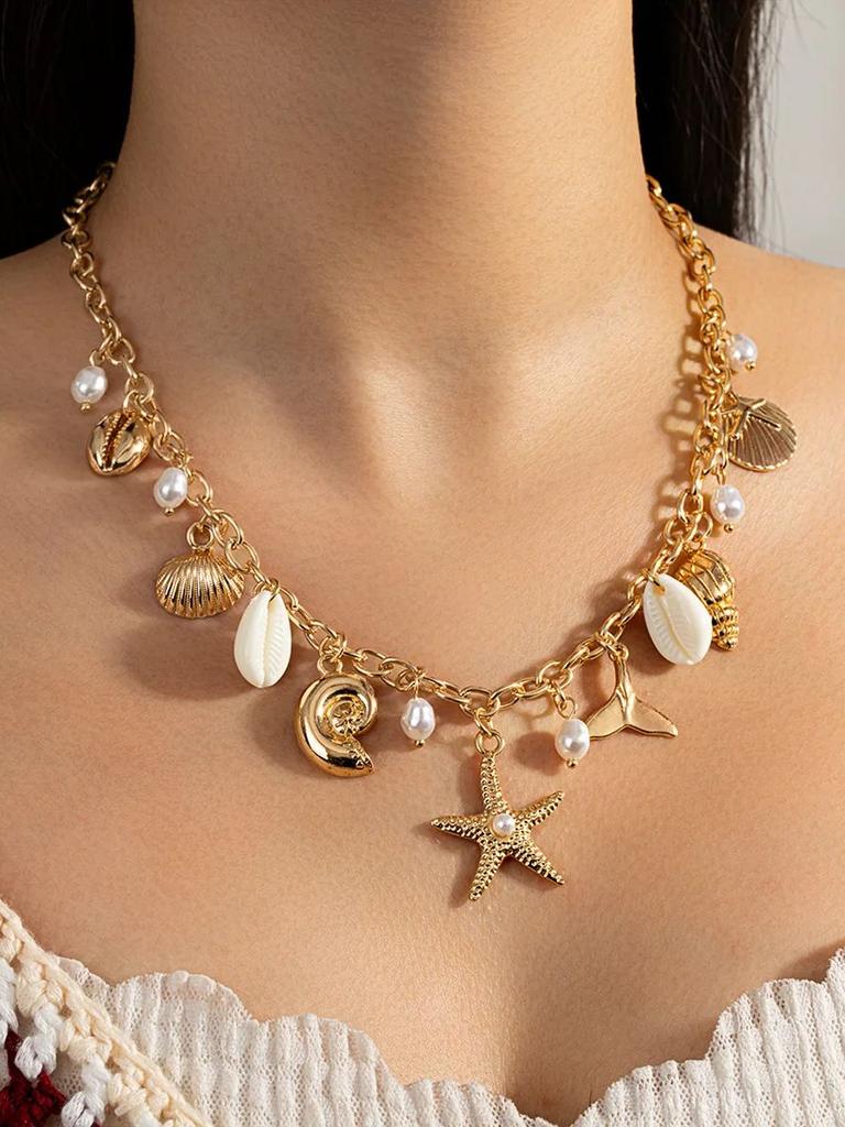 Women's Gold Thick Chain Starfish Shell Pearl Choker, Versatile Vacation Style Clavicle Necklace for Seaside