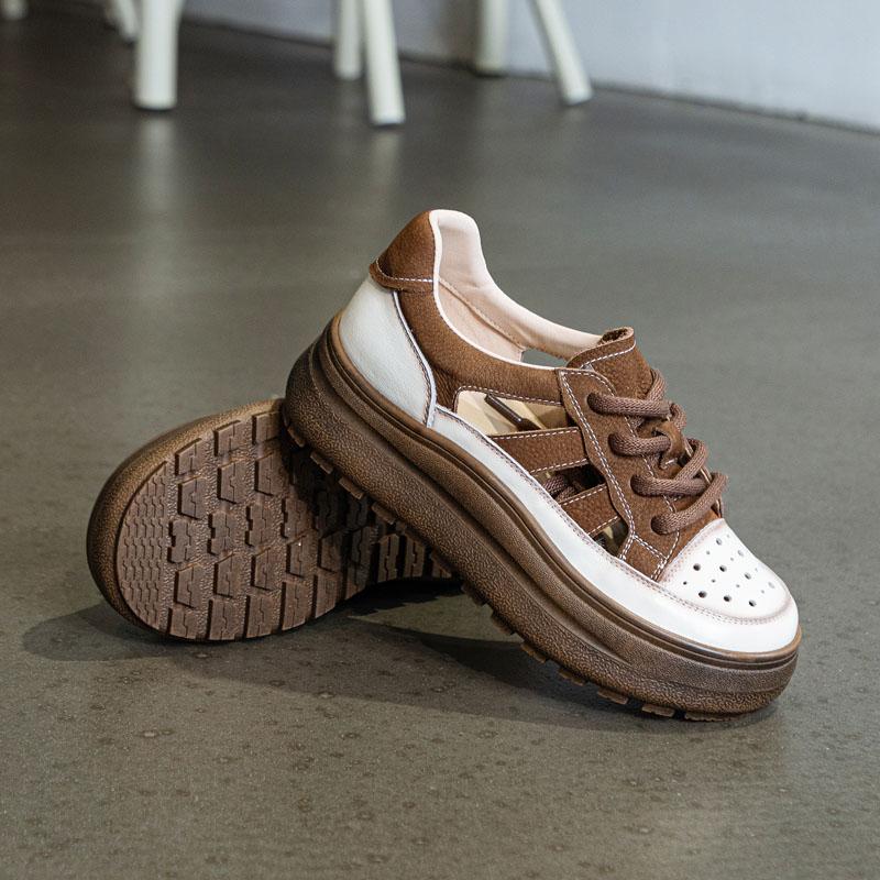 Summer Women Shoes 2025 Mixed Colors Genuine Leather Breathable Hollow Out Chunky Platform Lace-Up Women Casual Sneakers