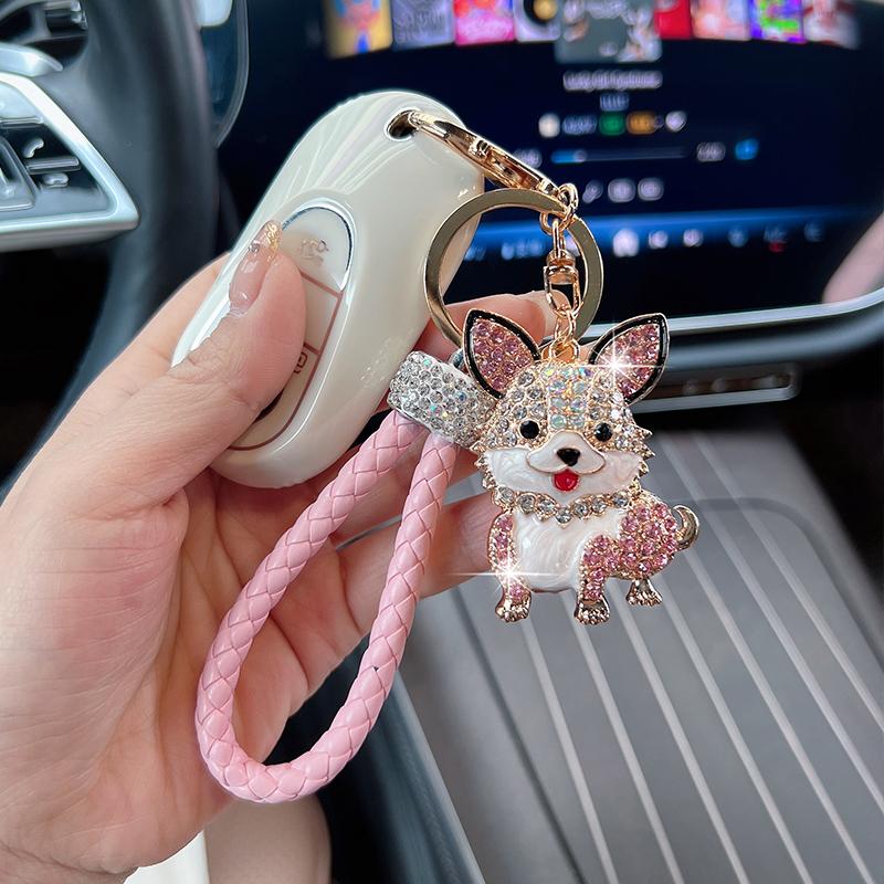 Cute Dog Car Key Chain Pendant Dripping Oil Inlaid with Diamonds Animal Puppy Fashion Bag Pendant Small Gifts