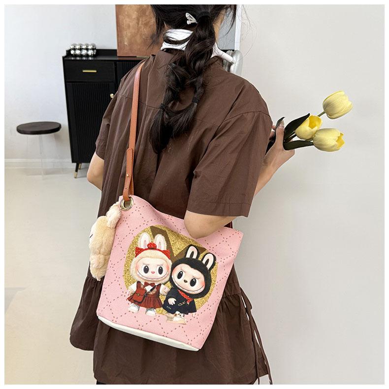 Korean Cartoon Labubu Crossbody Canvas Women's Bag Large Capacity Student Commuting To Class Embroidered Shoulder Bag Bucket Bag