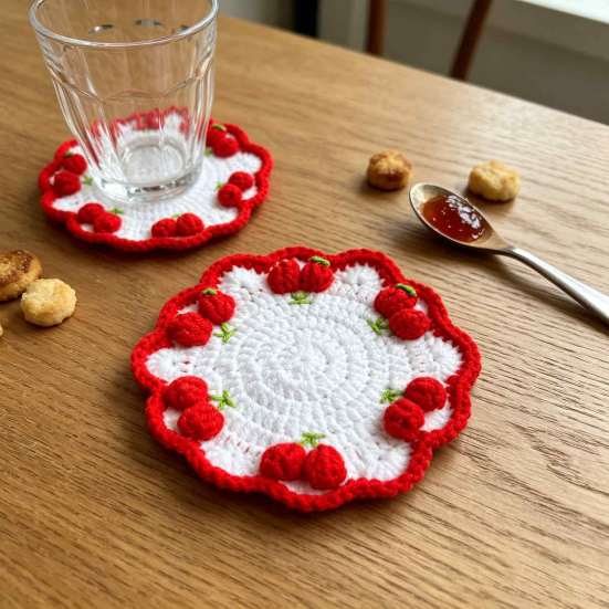 Hand Knitted Fruit Coasters Handmade Coaster, Crochet Watermelon Orange Strawberry Kiwi Cherry Small Wool Mats for Coffee Cups Cup Mat, Heat