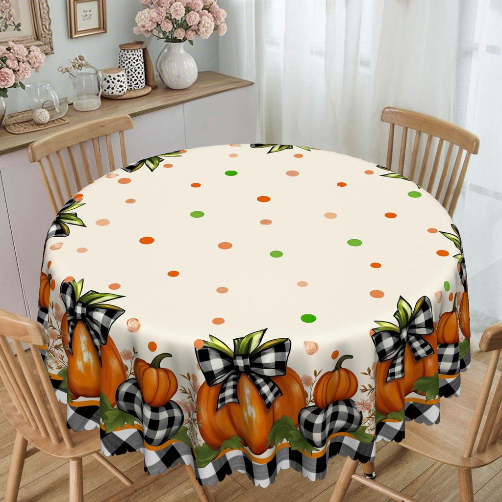 Pastoral Pumpkin Theme Tablecloth, Orange Pumpkin Black Checked Bow, Suitable For Square/Round Dining Tables