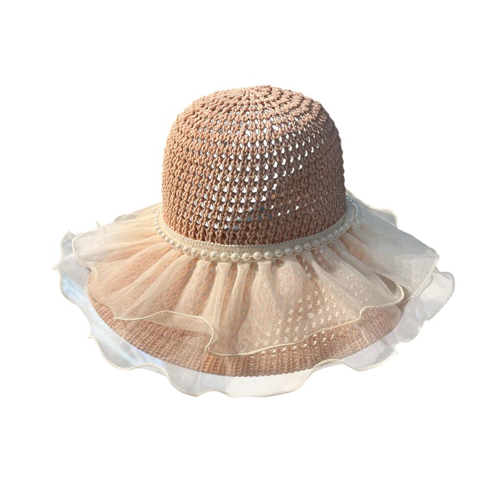 (One Size, Pink) Women's Woven Sun Hats Outdoor Fashionable Mesh Pearl Wide Brim Sun Protection Beach Hat