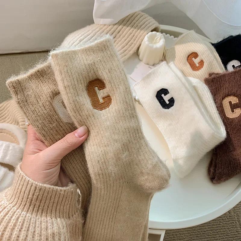 Women Wool Socks Warm Winter Thick Cashmere Casual Japanese Fashion Solid Color Comfortable Home Sock Long High Quality
