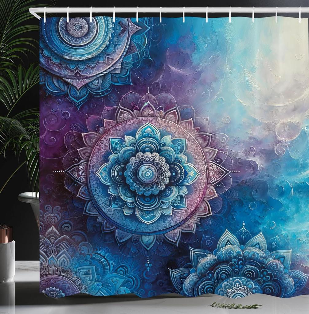 Aesthetic Boho Shower Curtain, Bold Exotic Leaves In Warm Tones, Rustic Burnt Orange Teal Blue, Fabric Set With Hooks