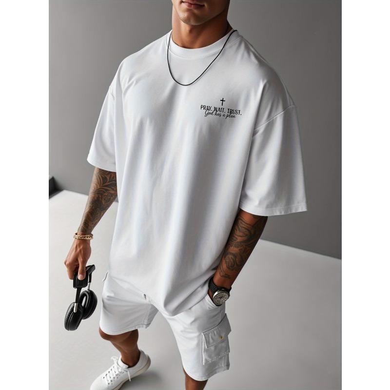 European Sizes Men's Christian Faith T-Shirt - "Pray Wait Trust God Has a Plan" Religious Back Print, Soft Breathable Church Clothing