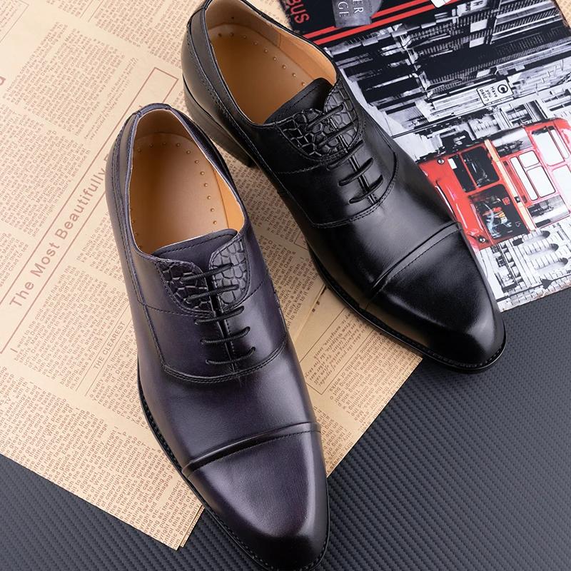 Fashion Men's Dress Shoes Leather Mens Formal Business Office New Style Pure Handmade Oxfords Lace-up Pointed High Quality Classic Shoes