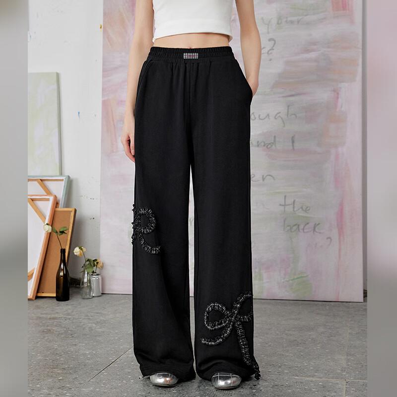 UNIFREE Sweet Korean Style Pleated Ruffle Plaid Bow Straight Leg Pants
